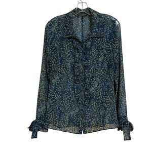 Blue and Yellow Long Sleeve Ruffled Blouse